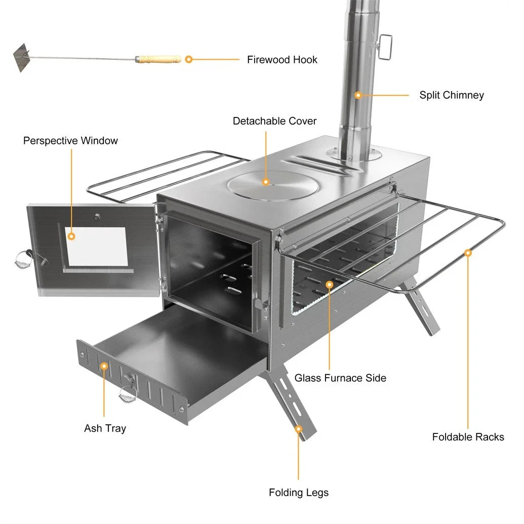 Portable Stainless Steel Wood Burning Stove With Chimney Pipes