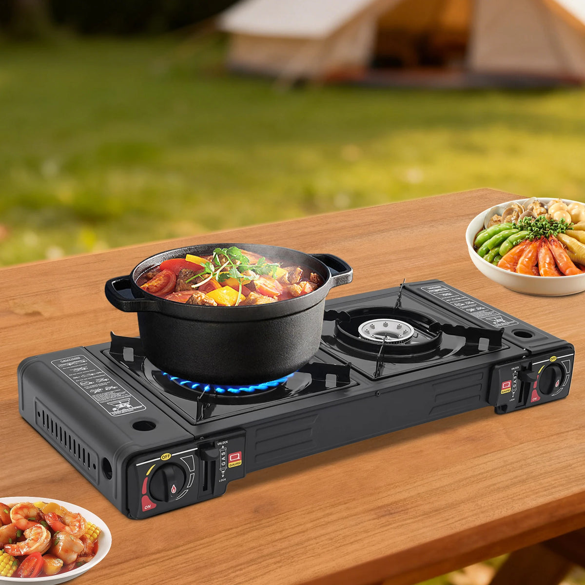 Portable Dual Burner Camping Gas Stove With Piezo Ignition