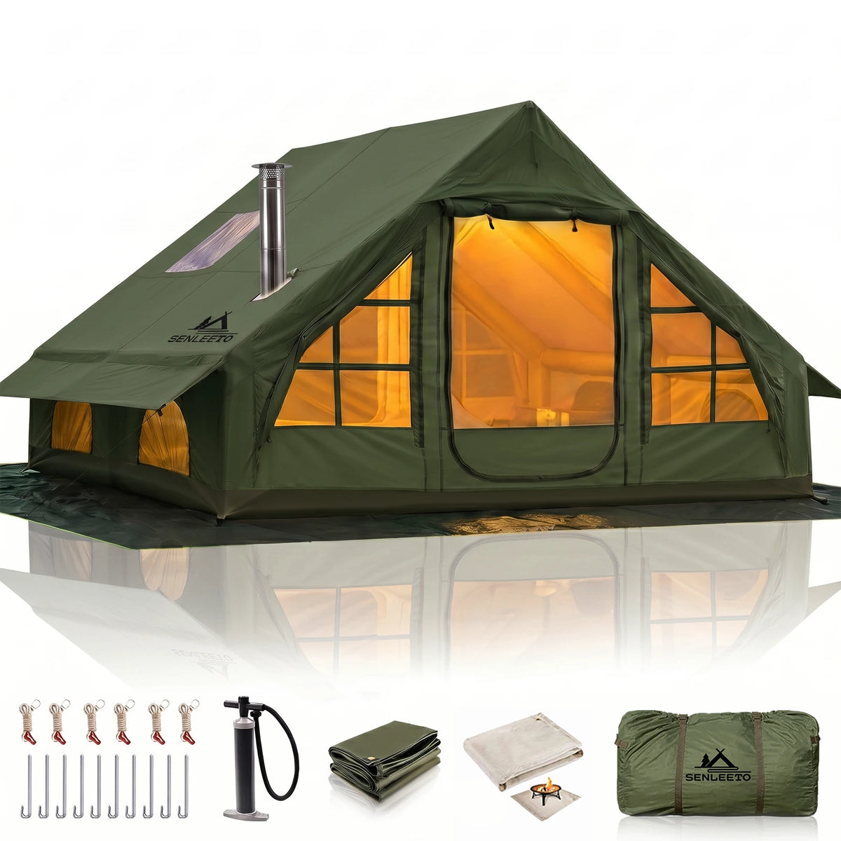 SENLEETO Inflatable Glamping Tent With Stove Jack And Waterproof Mat