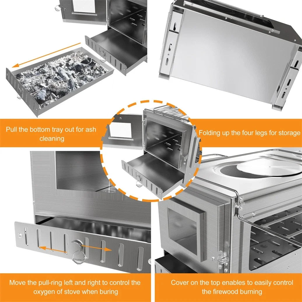 Portable Stainless Steel Wood Burning Stove With Chimney Pipes