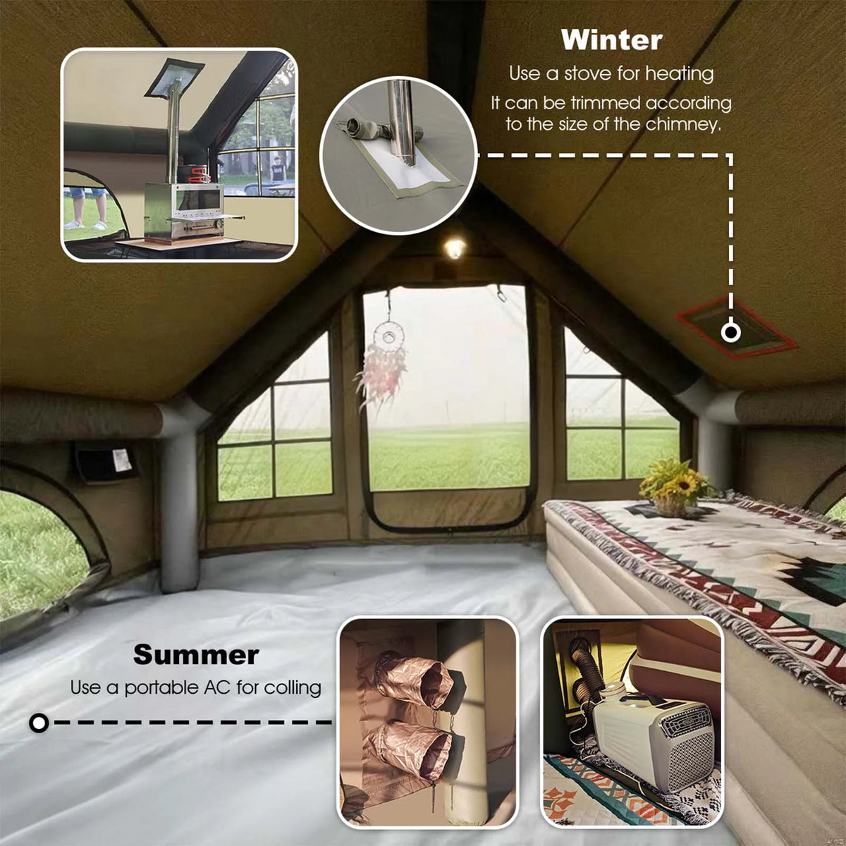 SENLEETO Inflatable Glamping Tent With Stove Jack And Waterproof Mat