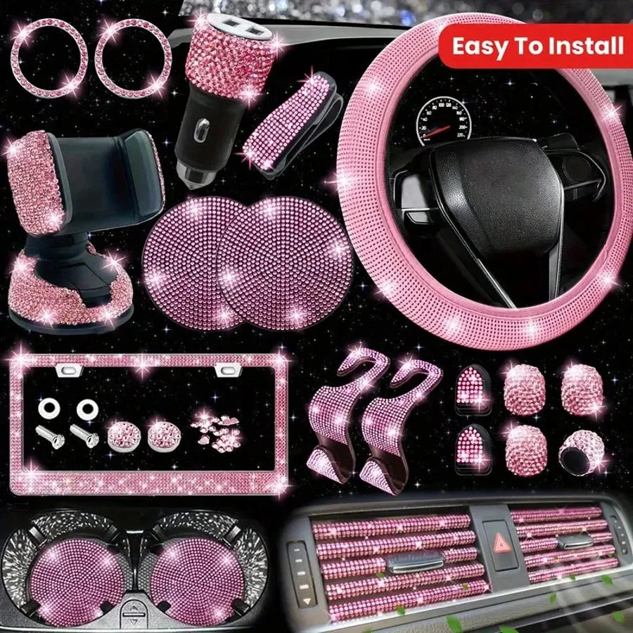 Artificial Diamond Decorative Steering Wheel Protective Cover Set