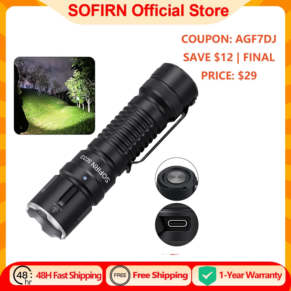 Sofirn SC33 Tactical LED Flashlight With USB C Rechargeable Power