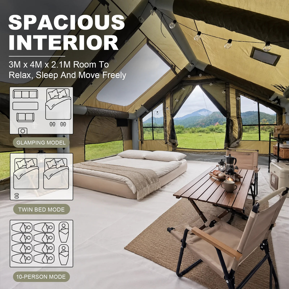 SENLEETO Inflatable Camping Tent With Waterproof Floor And Stove Jack