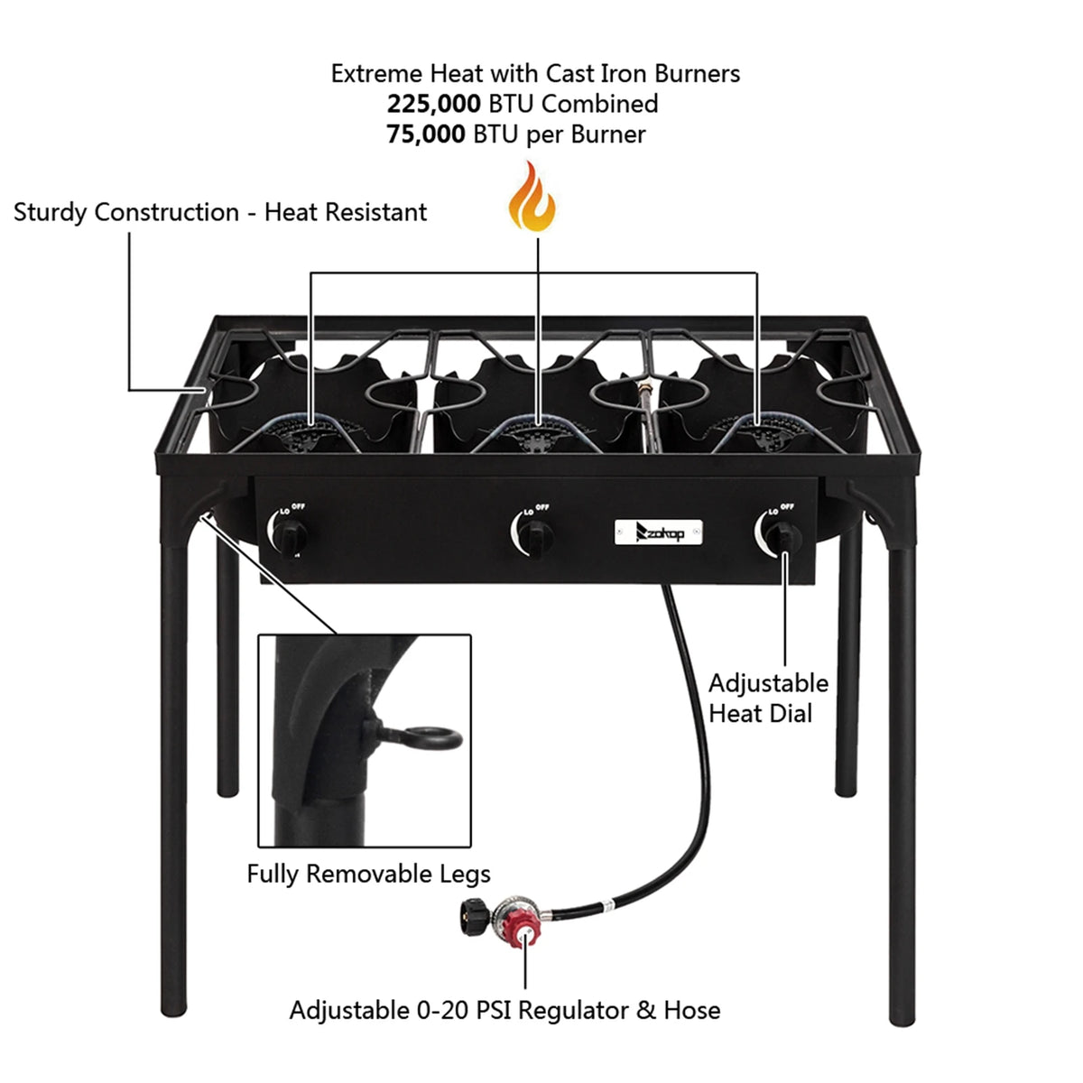 Outdoor High Pressure Propane Camp Stove Cast Iron Three Burner