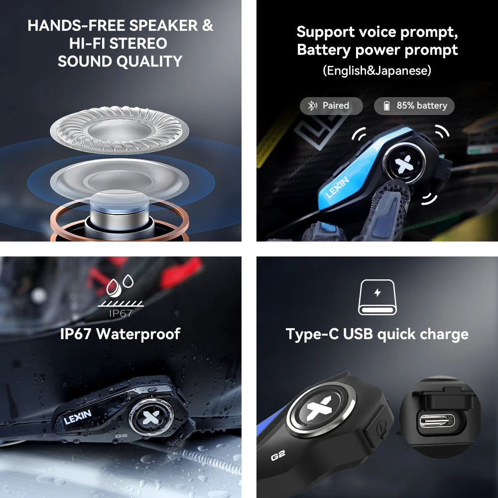 Lexin G2P Bluetooth Motorcycle Intercom Headset With FM Radio