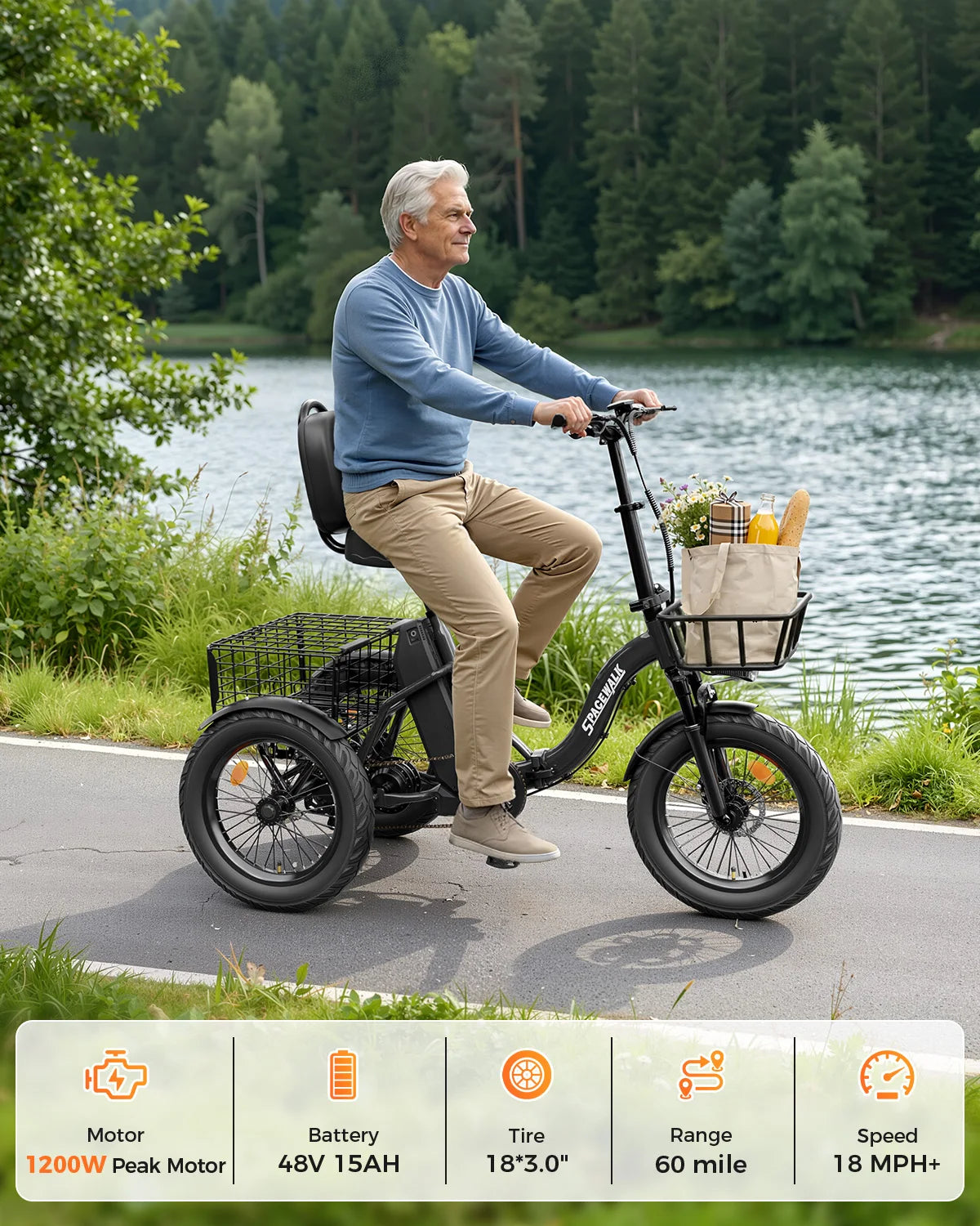 Eilleo Spacewalk 1200W Three Wheel Folding Electric Trike For Adults