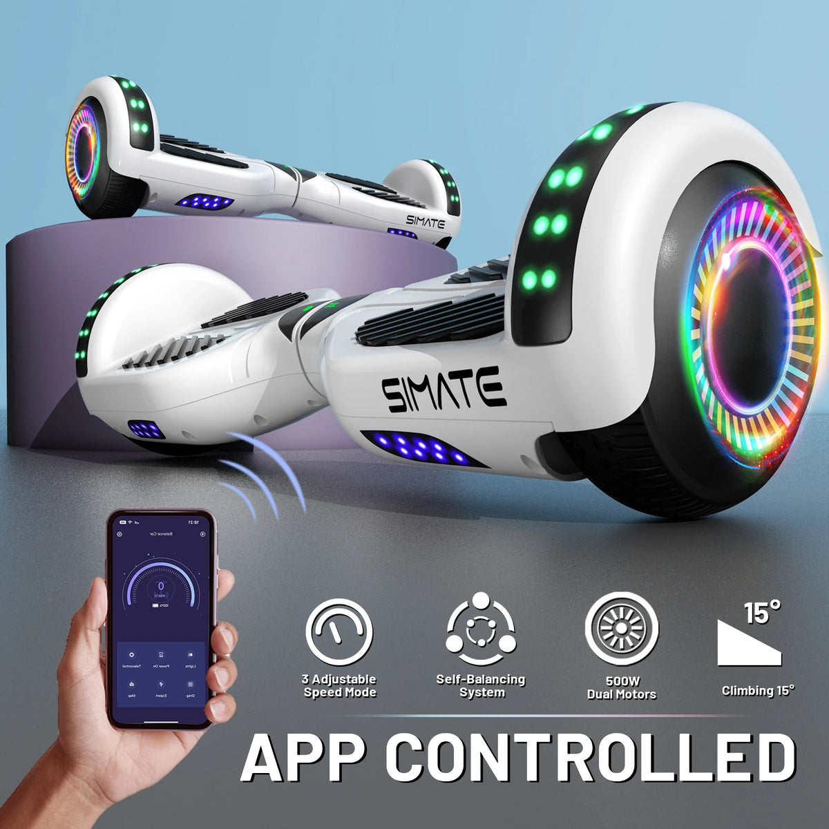 Simate All Terrain Self Balancing Scooter With Bluetooth LED Lights