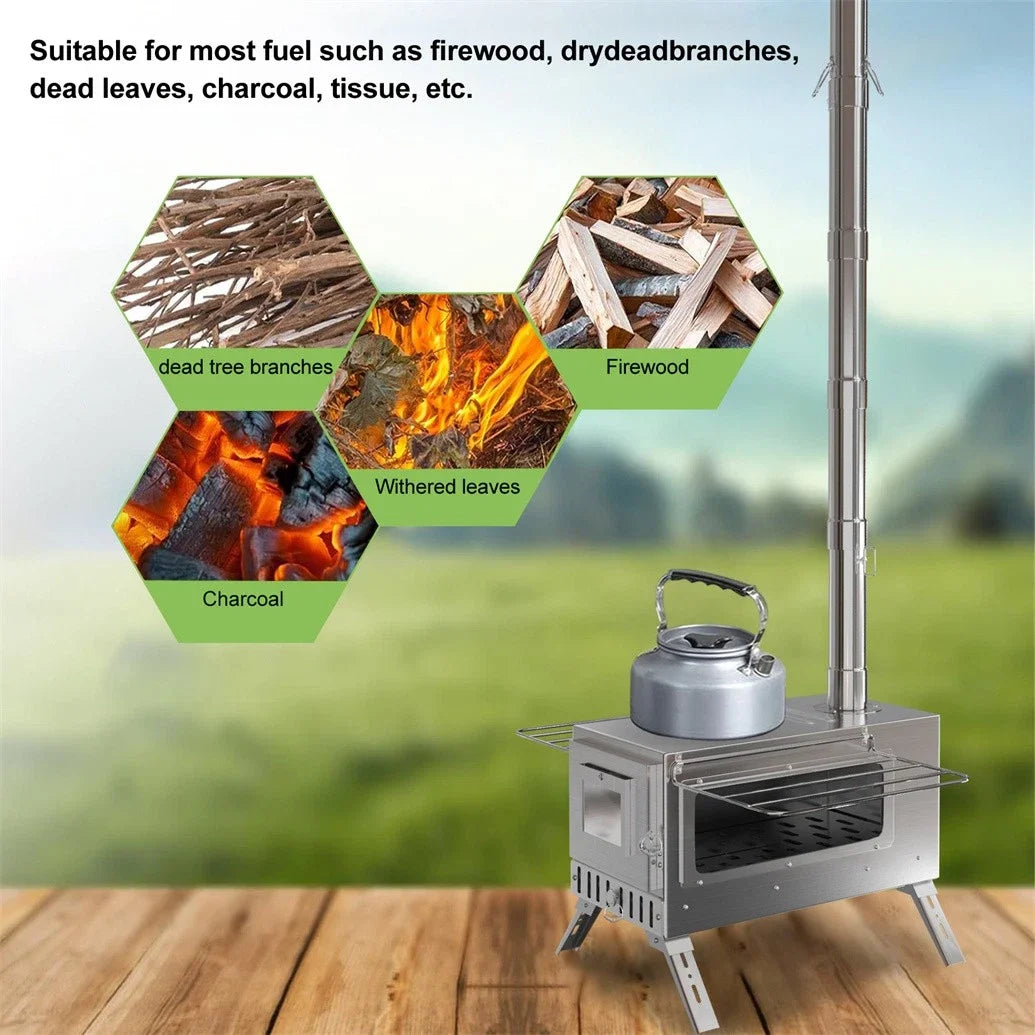 Portable Stainless Steel Wood Burning Stove With Chimney Pipes