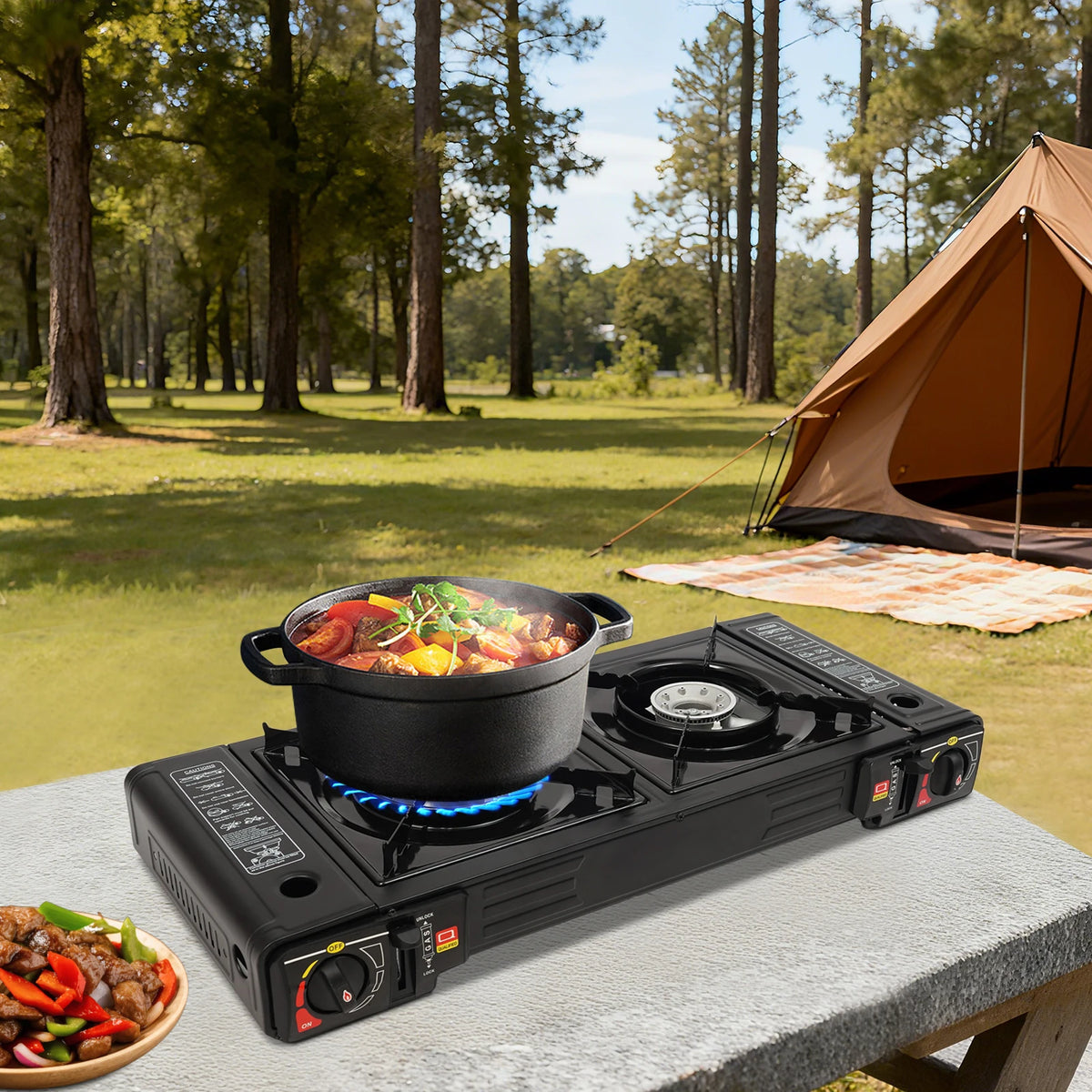 Bymaocar Portable Two Burner Camping Stove With Baking Tray