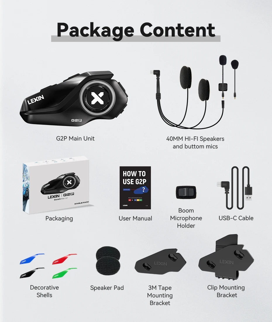 Lexin G2P Bluetooth Motorcycle Intercom Headset With FM Radio
