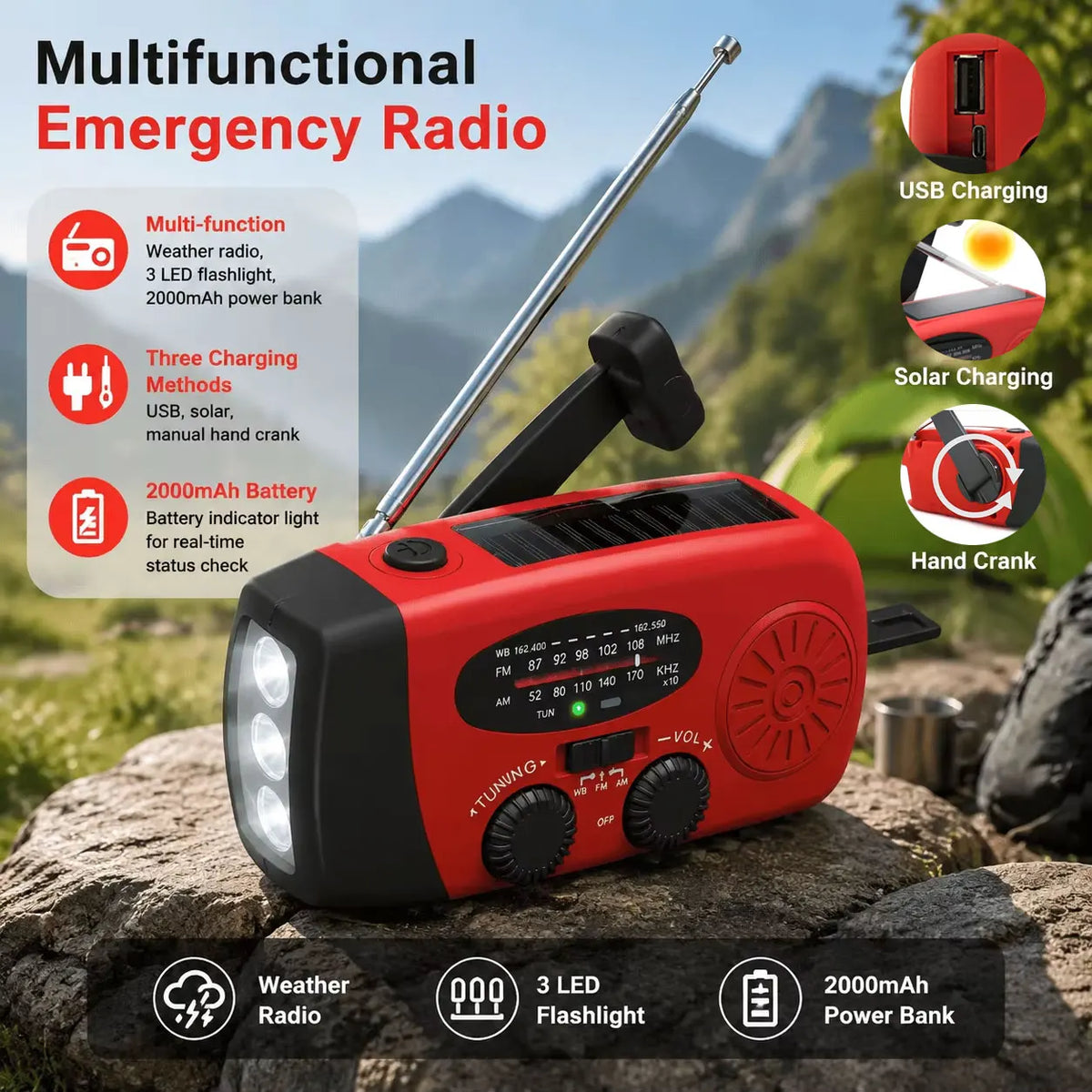 Portable Emergency Radio With Hand Crank Power Bank And Flashlight
