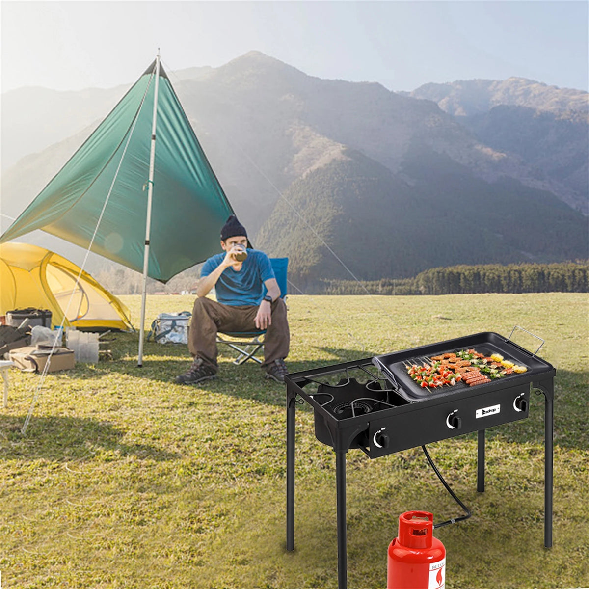 Outdoor High Pressure Propane Camp Stove Cast Iron Three Burner