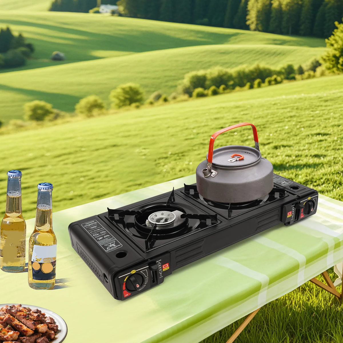 Bymaocar Portable Two Burner Camping Stove With Baking Tray