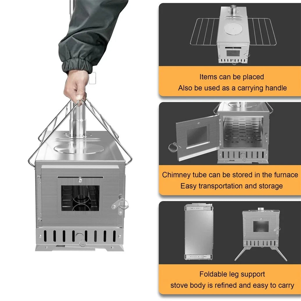 Portable Stainless Steel Wood Burning Stove With Chimney Pipes