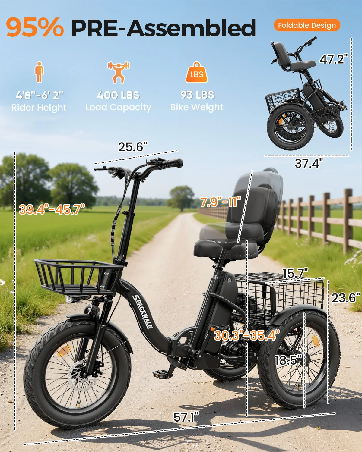 Eilleo Spacewalk 1200W Three Wheel Folding Electric Trike For Adults