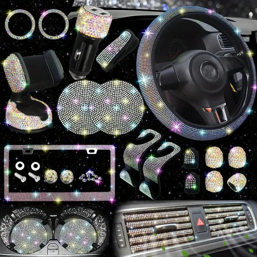 Artificial Diamond Decorative Steering Wheel Protective Cover Set