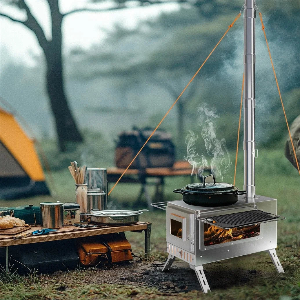 Portable Stainless Steel Wood Burning Stove With Chimney Pipes