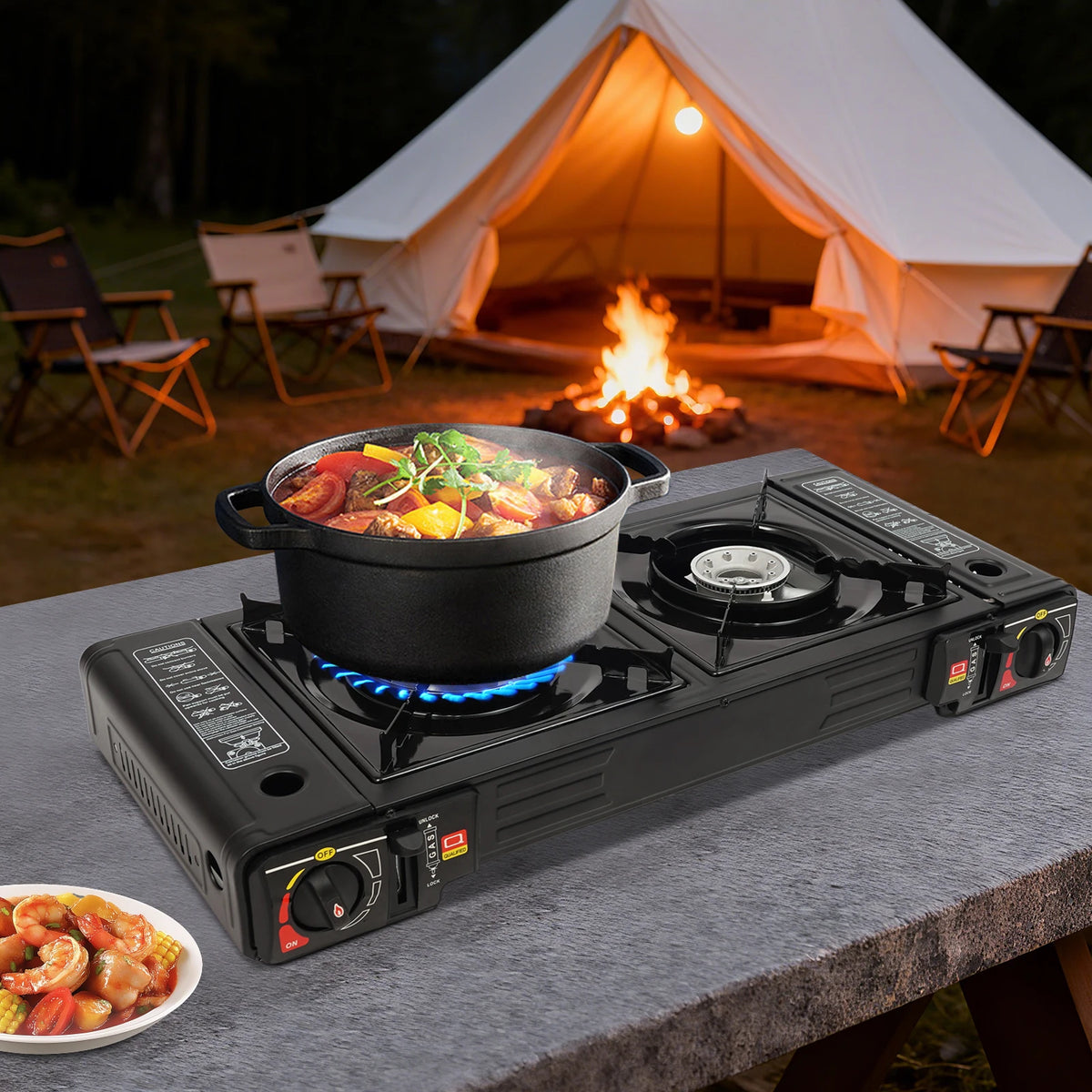Bymaocar Portable Two Burner Camping Stove With Baking Tray