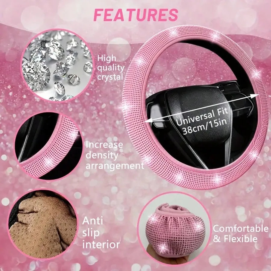 Artificial Diamond Decorative Steering Wheel Protective Cover Set